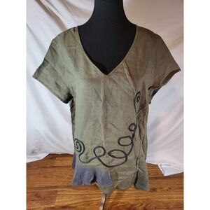 Peacock Ways Tunic Size L Short Sleeve Linen Blend Grunge Lagenlook Olive Green